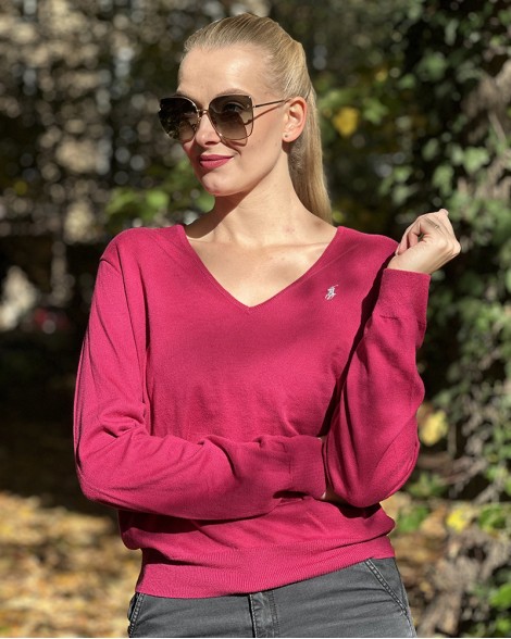 Svetr dámský Ralph Lauren malinový s výstřihem do V